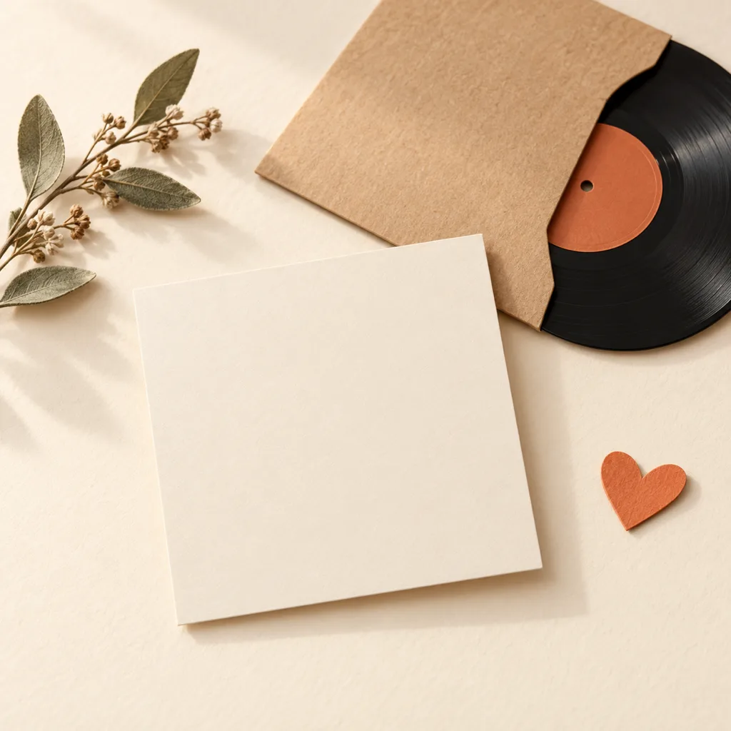 A paper gift card with a vinyl record sliding out of a kraft sleeve, dried flowers and a paper heart